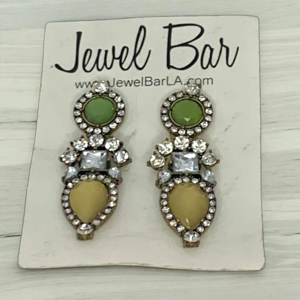 Vintage Gold Tone, Rhinestone, Green, & Tan Stud Dangle Earrings - Picture 4 of 5